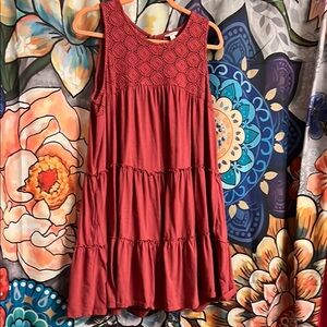 Brick Red Pleated Tiered Midi Sundress